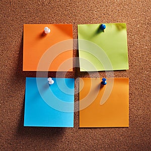 Colorful note papers. Post it notes on cork board