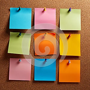 Colorful note papers. Post it notes on cork board