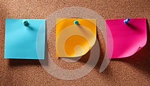 Colorful note papers. Post it notes on cork board