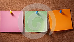 Colorful note papers. Post it notes on cork board