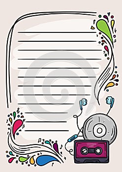 Colorful notebook page with musical elements and notes and bright splashes and drops. Template for notes and diary