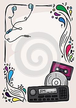 Colorful notebook page with musical elements and notes and bright splashes and drops. Template for notes and diary