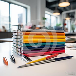 Colorful Notebooks and Pens on White Tabletop photo