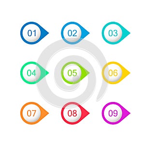 Colorful number bullet points. Flat circles with numbers from 1 to 9