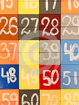 Colorful numbers background Shot black point beetwen yellow grey and red blocks