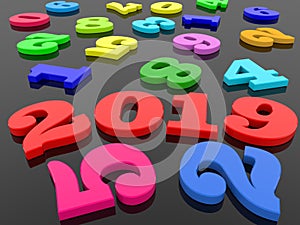 Colorful numbers on black background with New year concept