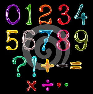 Colorful numbers and signs drawn with paint isolated on a black background