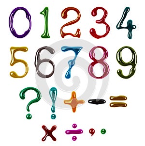 Colorful numbers and signs drawn with paint isolated on a white background
