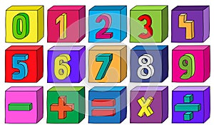 Colorful numbers from 1 to 9 with mathematical operations on blocks