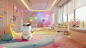 Colorful nursery room with a playful futuristic robot and vibrant neon signs