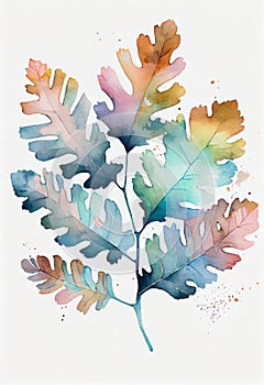 Colorful oak tree leaves watercolor pattern on white background.