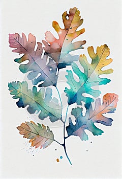 Colorful oak tree leaves watercolor pattern on white background.