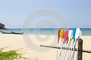 Colorful oars with beach background, water sport, holiday activity at the beach