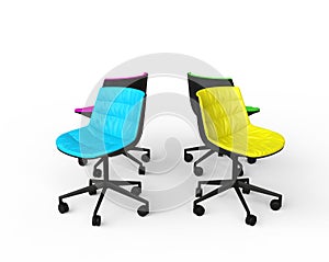 Colorful office chairs on white background.