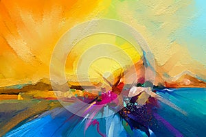 Colorful oil painting on canvas texture. Semi- abstract image of seascape paintings photo