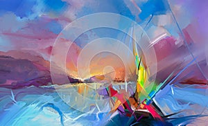 Colorful oil painting on canvas texture. Semi- abstract image of seascape paintings with sunlight background