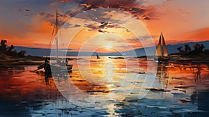 Colorful Oil Painting Of Sailing In Water: Romantic Landscapes