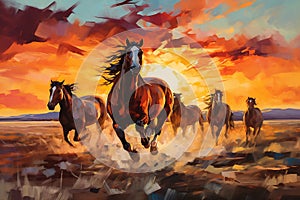 Colorful oil painting of some vibrant horses running at twilight time, Generative AI