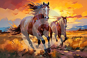 Colorful oil painting of some vibrant horses running at twilight time, Generative AI