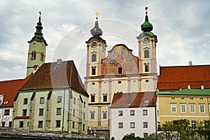 Colorful old buildings and church in Steyr