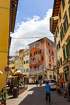 Colorful traditional buildings old street Florence Tuscany Italy