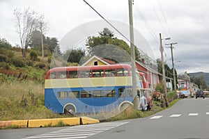 Colorful old Double Decker buses Alert Bay, BC