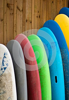 Colorful old hire surf boards against wooden wall