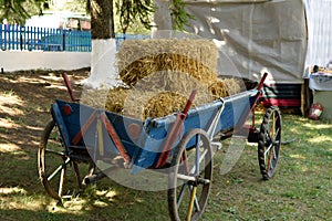 Colorful old horseless carriage with hay, country setting