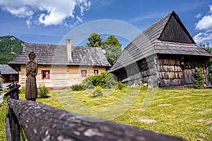 Colorful old wooden houses in Vlkolinec. Unesco heritage. Mountain village with a folk architecture. Vlkolinec, ruzomberok, liptov