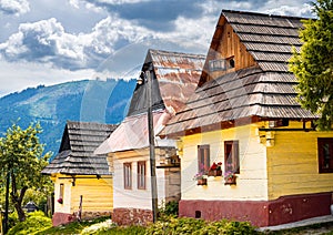 Colorful old wooden houses in Vlkolinec. Unesco heritage. Mountain village with a folk architecture. Vlkolinec, ruzomberok, liptov