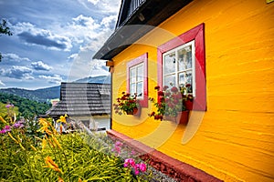 Colorful old wooden houses in Vlkolinec. Unesco heritage. Mountain village with a folk architecture. Vlkolinec, ruzomberok, liptov