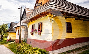 Colorful old wooden houses in Vlkolinec. Unesco heritage. Mountain village with a folk architecture. Vlkolinec, ruzomberok, liptov