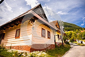 Colorful old wooden houses in Vlkolinec. Unesco heritage. Mountain village with a folk architecture. Vlkolinec, ruzomberok, liptov