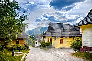 Colorful old wooden houses in Vlkolinec. Unesco heritage. Mountain village with a folk architecture. Vlkolinec, ruzomberok, liptov