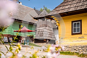 Colorful old wooden houses in Vlkolinec. Unesco heritage. Mountain village with a folk architecture. Vlkolinec, ruzomberok, liptov