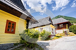 Colorful old wooden houses in Vlkolinec. Unesco heritage. Mountain village with a folk architecture. Vlkolinec, ruzomberok, liptov