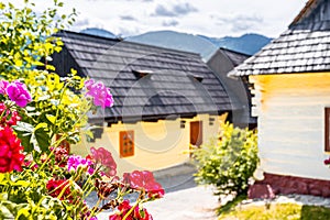 Colorful old wooden houses in Vlkolinec. Unesco heritage. Mountain village with a folk architecture. Vlkolinec, ruzomberok, liptov