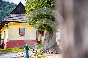 Colorful old wooden houses in Vlkolinec. Unesco heritage. Mountain village with a folk architecture. Vlkolinec, ruzomberok, liptov