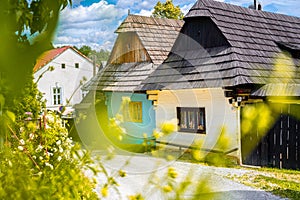 Colorful old wooden houses in Vlkolinec. Unesco heritage. Mountain village with a folk architecture. Vlkolinec, ruzomberok, liptov