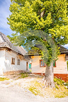 Colorful old wooden houses in Vlkolinec. Unesco heritage. Mountain village with a folk architecture. Vlkolinec, ruzomberok, liptov