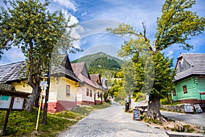 Colorful old wooden houses in Vlkolinec. Unesco heritage. Mountain village with a folk architecture. Vlkolinec, ruzomberok, liptov