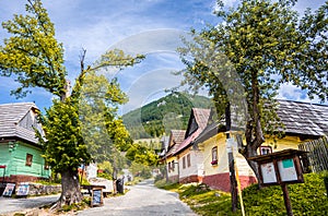 Colorful old wooden houses in Vlkolinec. Unesco heritage. Mountain village with a folk architecture. Vlkolinec, ruzomberok, liptov