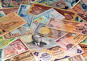 Colorful old World Paper Money background, Banknotes of different countries collection, international banknotes