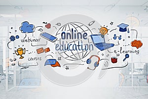 Colorful online education sketch in blurry room