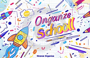 Colorful online school website design with rocket and pencils