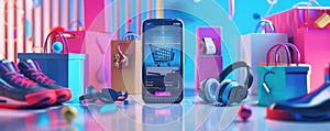Colorful online shopping concept with sneakers, headphones, and smartphone app