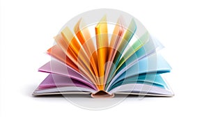A colorful open notebook with vibrant rainbow-colored pages isolated on a white background