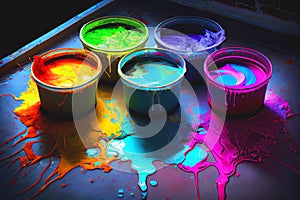 Colorful open spilling paint pots