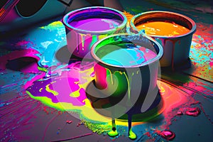 Colorful open spilling paint pots