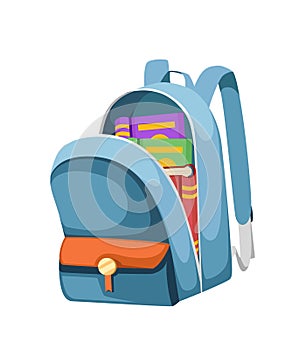 Colorful opened school bag with books. Backpack with zippers. Cartoon design. Flat  illustration isolated on white